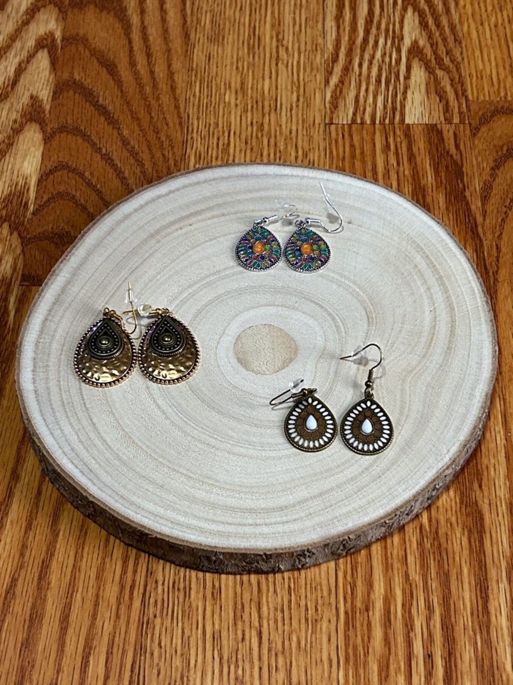 Lot of Three Boho Teardrop Earrings Hammered and Jewel Accents